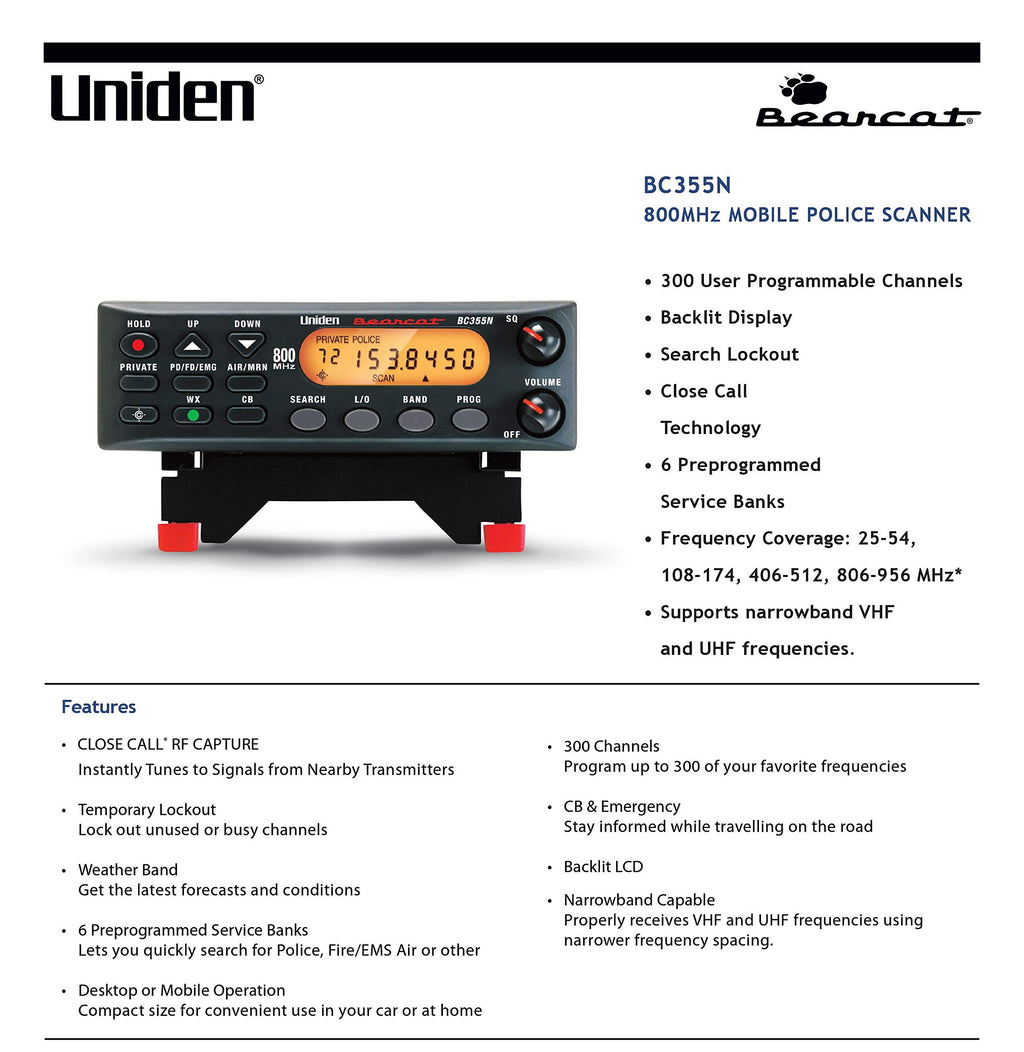 Uniden BC355N 300-Channel Base/Mobile Scanner, Close Call Capture, Pre-programmed Search Bands, NOAA Weather, Aviation, Marine, Railroad, NASCAR, and 'Non-digital' emergency services