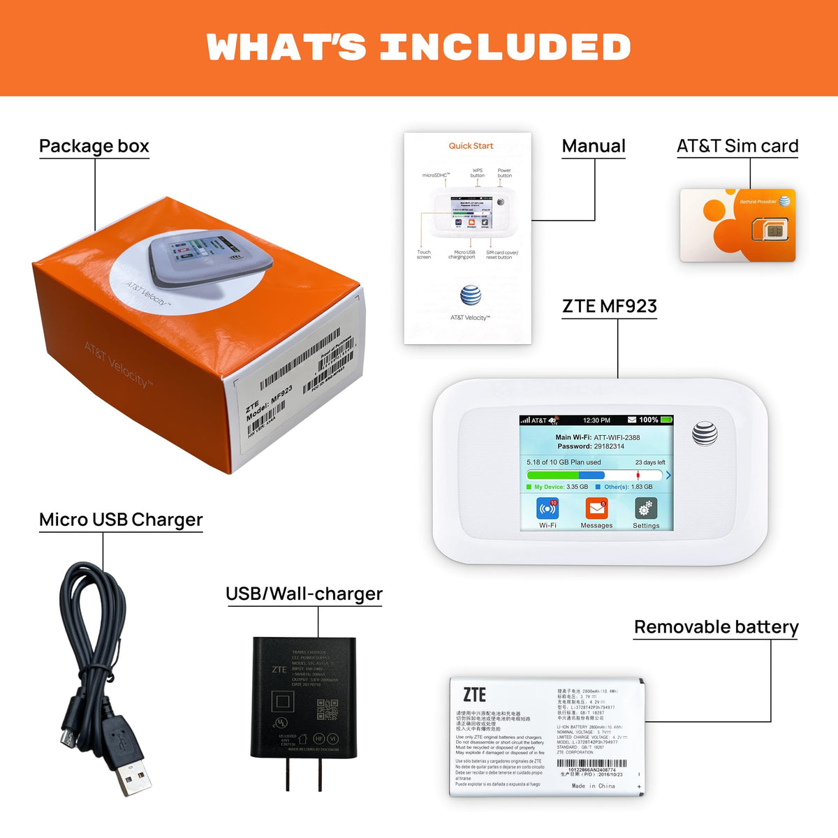 AT&T Mobile Hotspot Velocity MF923 | 4G LTE Portable Mobile WiFi Hotspot for Travel | 4G LTE Speed | Up to 10 Devices | EVDO-LINK Bundle AT&T Sim Card (Budget)