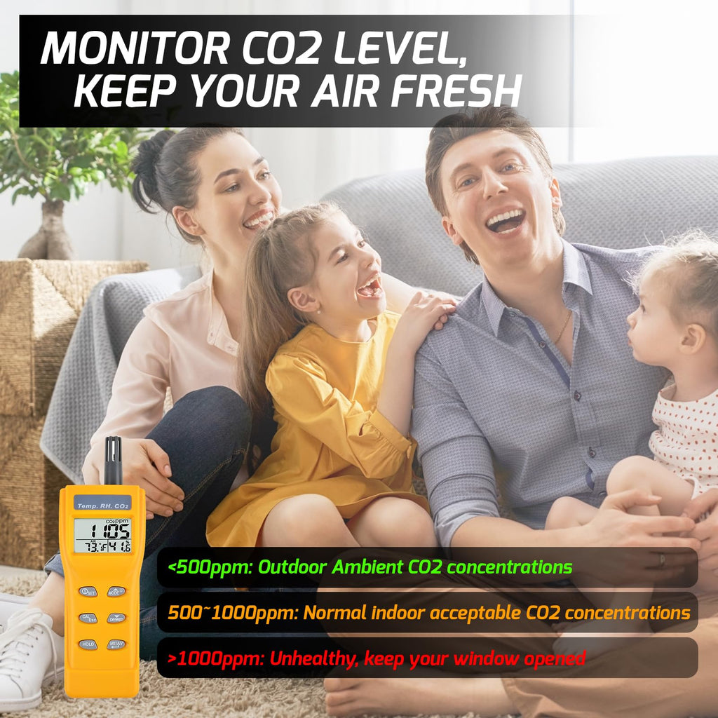 Portable CO2 Meter Handheld CO2 Detector Monitor 0~9999ppm, Carbon Dioxide Meter with Alarm Function, Temperature & Humidity Meter NDIR Sensor Air Quality Monitor for Home Trip Classroom and Office