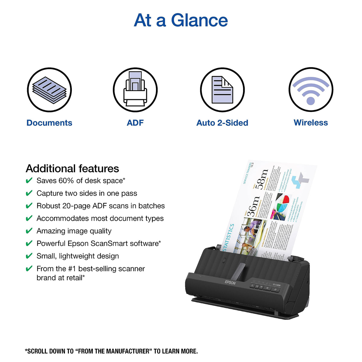 Epson Workforce ES-C320W Wireless Compact Document Scanner Duplex 20-pg ADF