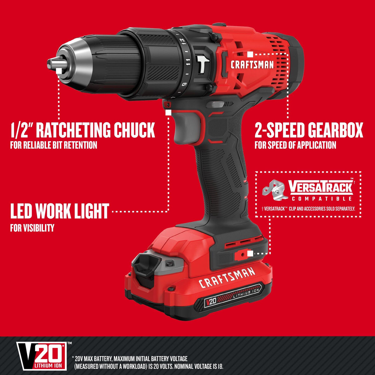 CRAFTSMAN V20 Cordless Hammer Drill, 1/2 inch, Battery & Charger Included (CMCD711D1)