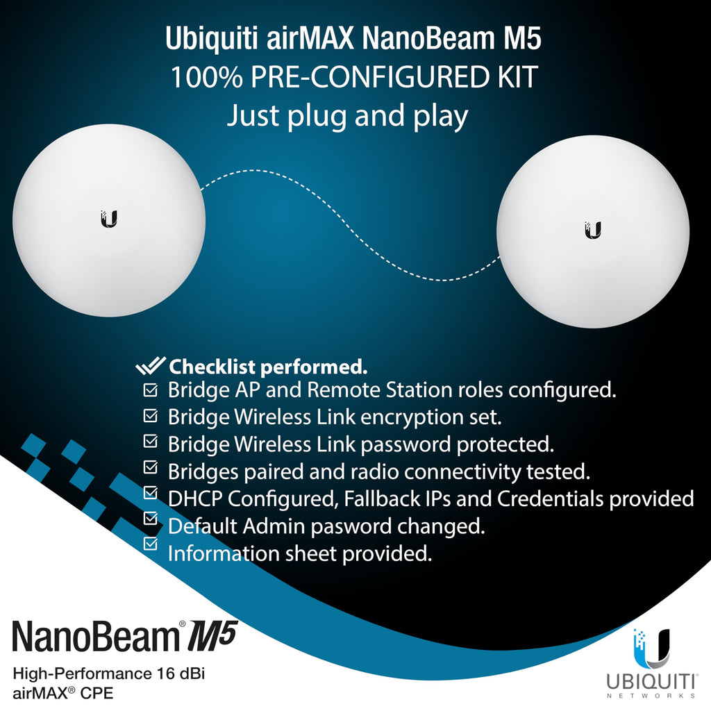 Wireless Bridge Ubiquiti NBE-M5-16 PRE-CONFIGURED, Bundle of 2 Ubiquiti NanoBeam M5, Point to Point Outdoor WiFi Bridge, Plugh and Play, 5GHz, 150+Mbps, 15+km Link Range, Network Bridge