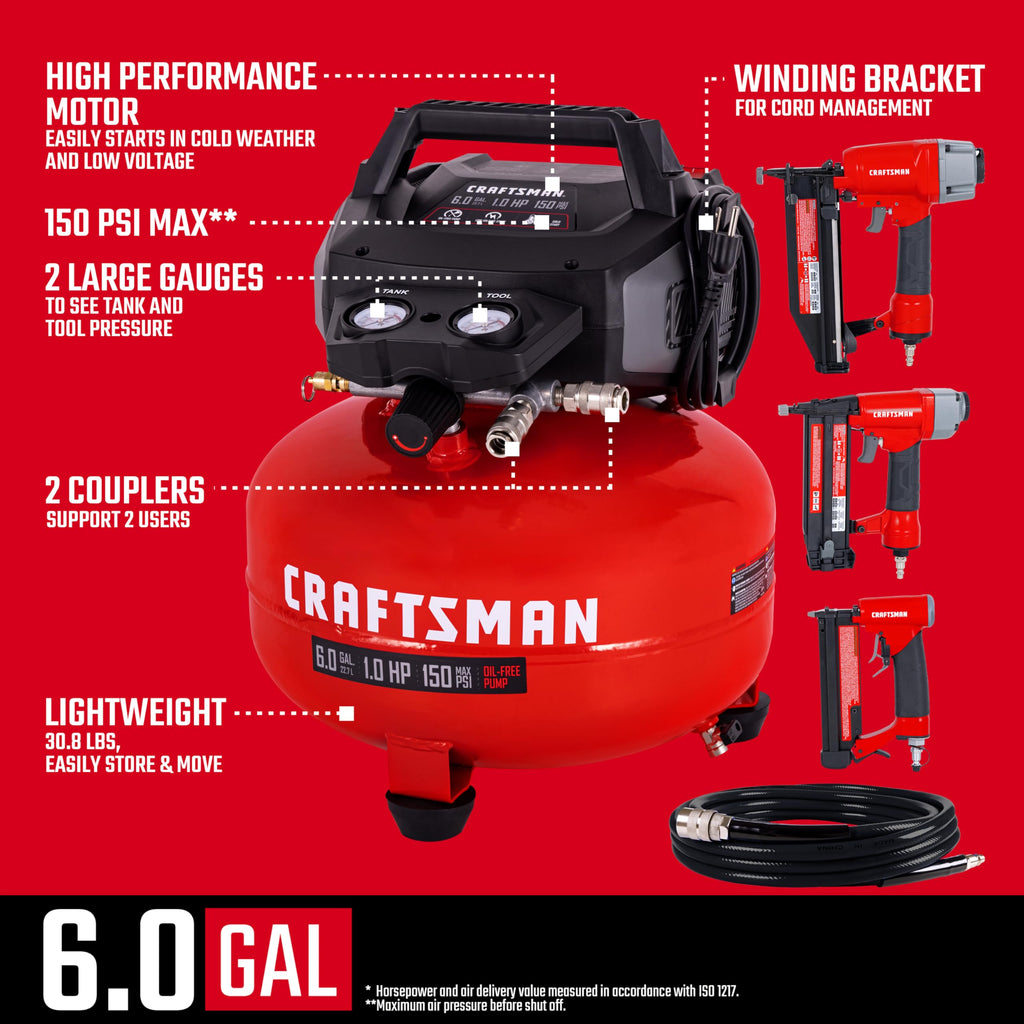 Craftsman 6Gal Pancake Air Compressor 4-Tool Combo Kit, Oil-Free, 150 PSI