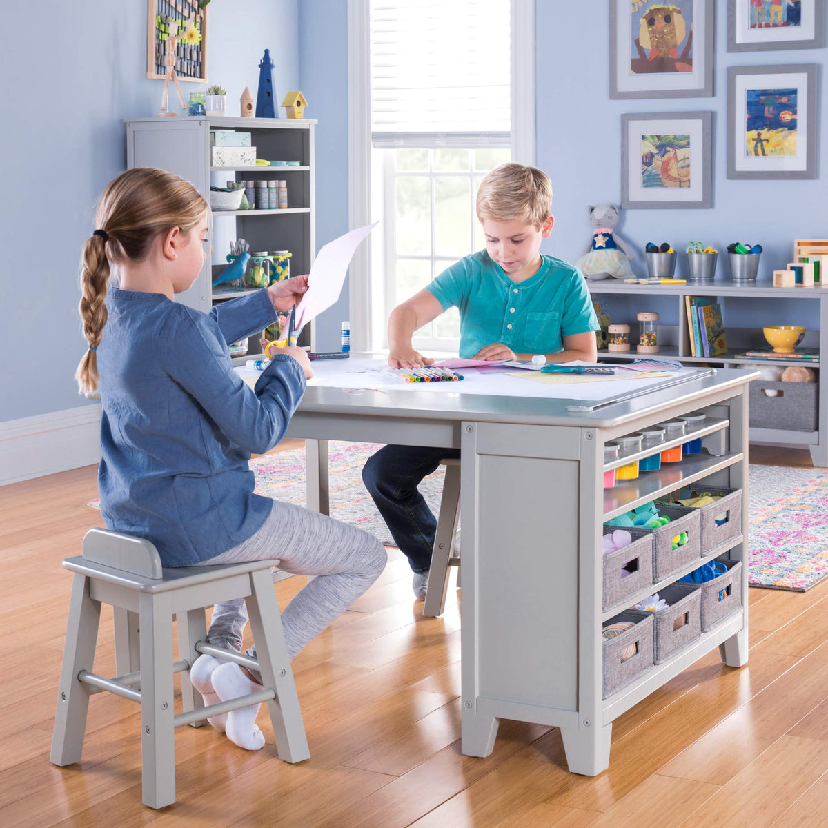 Martha Stewart Kids' Art Table and Stools Set - Gray: Wooden Kids' Activity Table and Chairs Set w/Storage, Bins Paper Roll for Coloring & Craft Activities | Study & Play Desk for Playroom Furniture