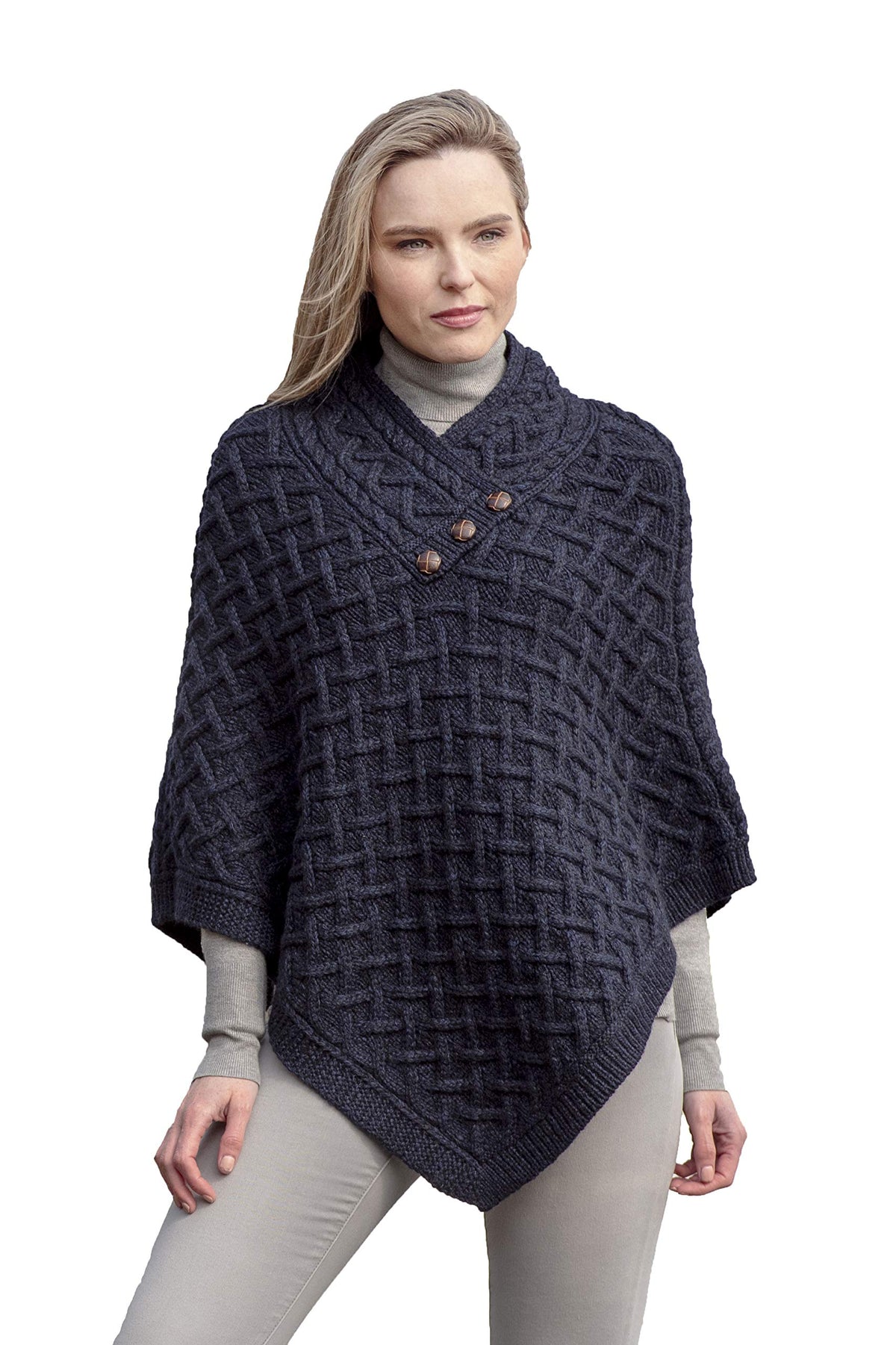 Aran Crafts Women's Cable Knit Nua Button Poncho (100% Super Soft Merino Wool)