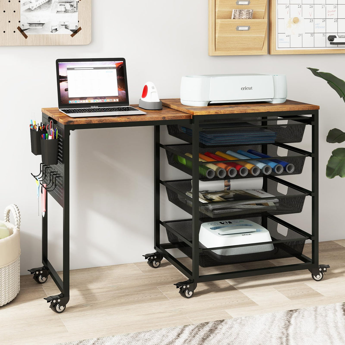 Craft Table with Wheels & Drawer,Extendable Cart with Pegboard,Retro