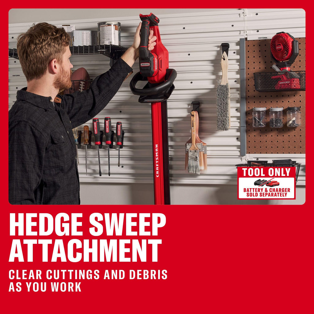 CRAFTSMAN V20 Brushless RP 22 in. Cordless Hedge Trimmer, Lightweight Bush Trimmer with Hedge Sweep Attachment, Up to 2X Power, Longer Runtime, Tool Only (CMCHT830B)