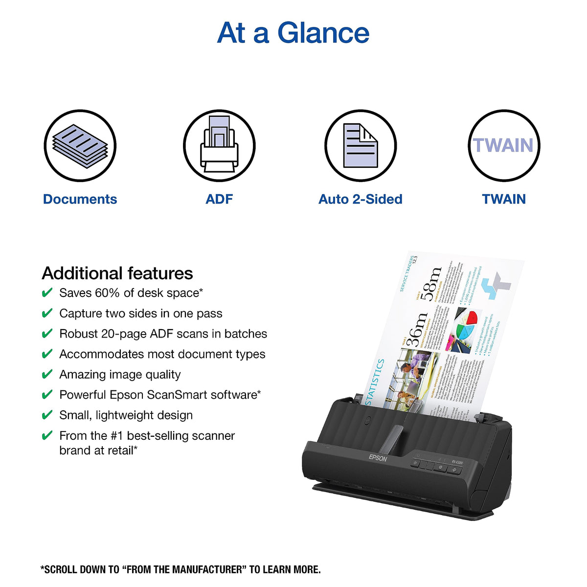 Epson Workforce ES-C220 Compact Document Scanner Duplex 20-pg ADF