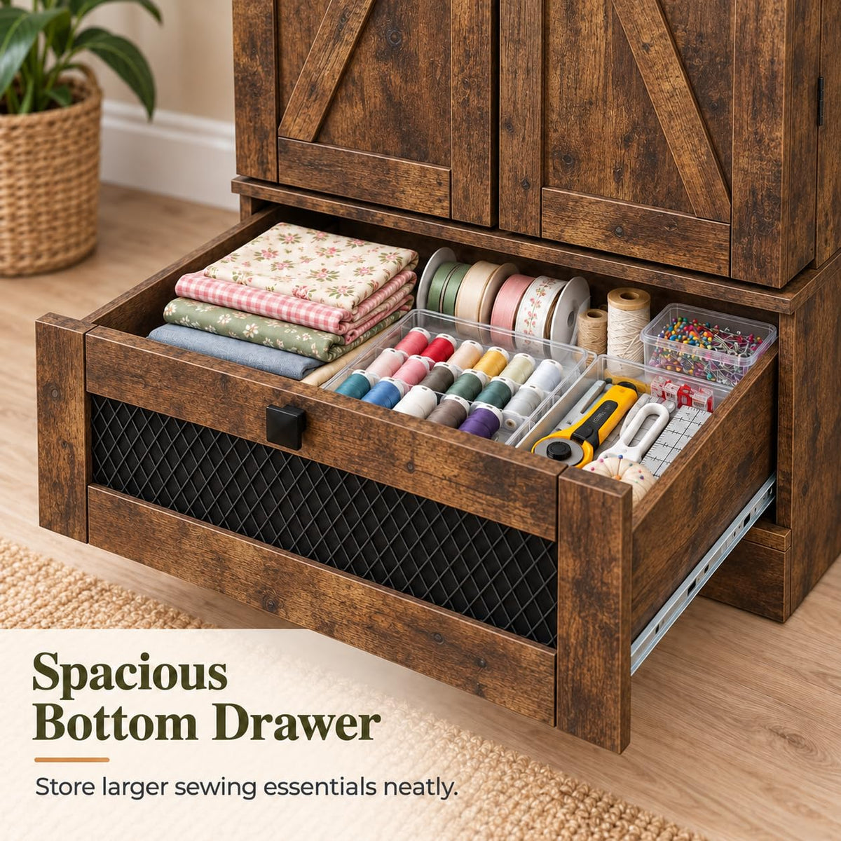 Sewing Cabinet with Storage, 47" Tall Craft Organizer for Sewing Machine, Double Doors with Thread Shelves, Adjustable Interior Shelves and Bottom Drawer (Brown)