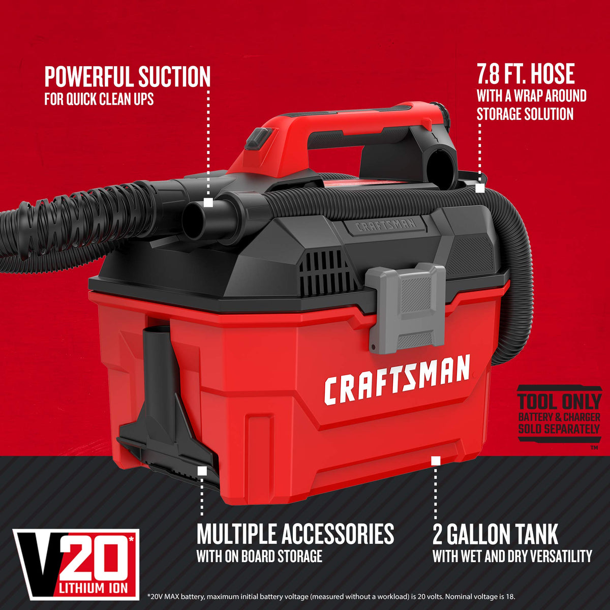 CRAFTSMAN V20 Cordless Vacuum Cleaner, Vac Wet/Dry, 2 Gallon, 7ft Hose, Bare Tool Only (CMCV002B)