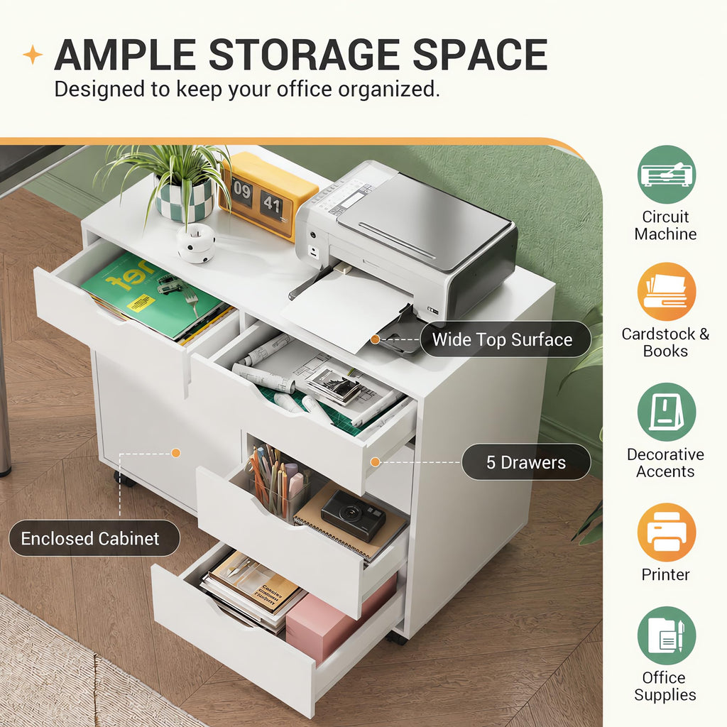 DEVAISE 5-Drawer Wood Office Cabinet, Craft Storage Cabinet, White