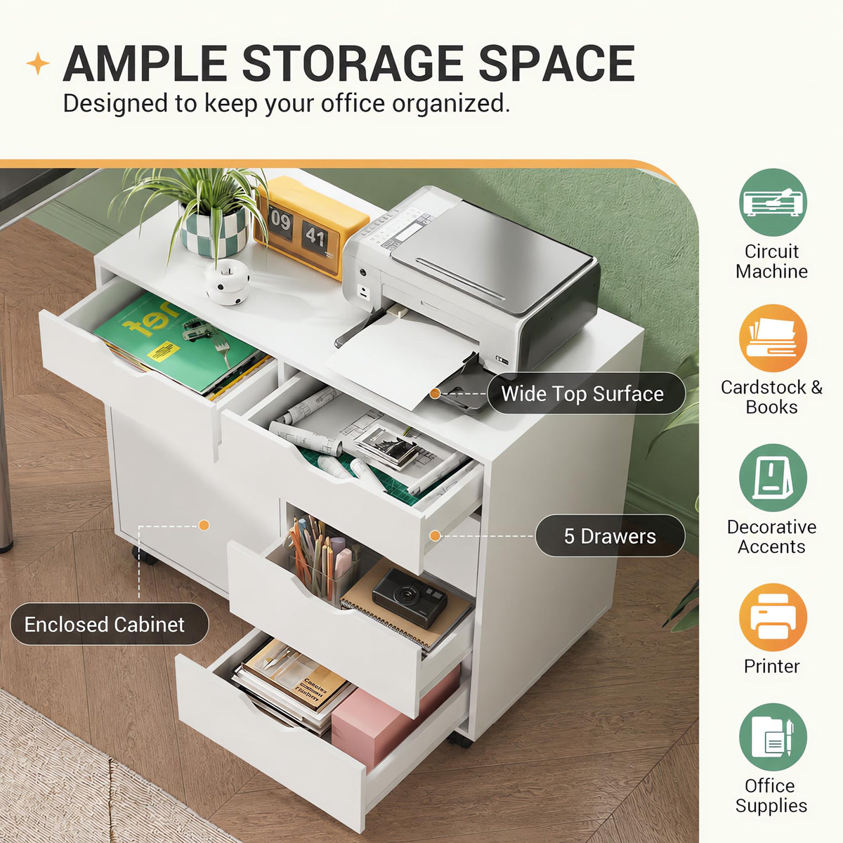 DEVAISE 5-Drawer Wood Office Cabinet, Craft Storage Cabinet, White