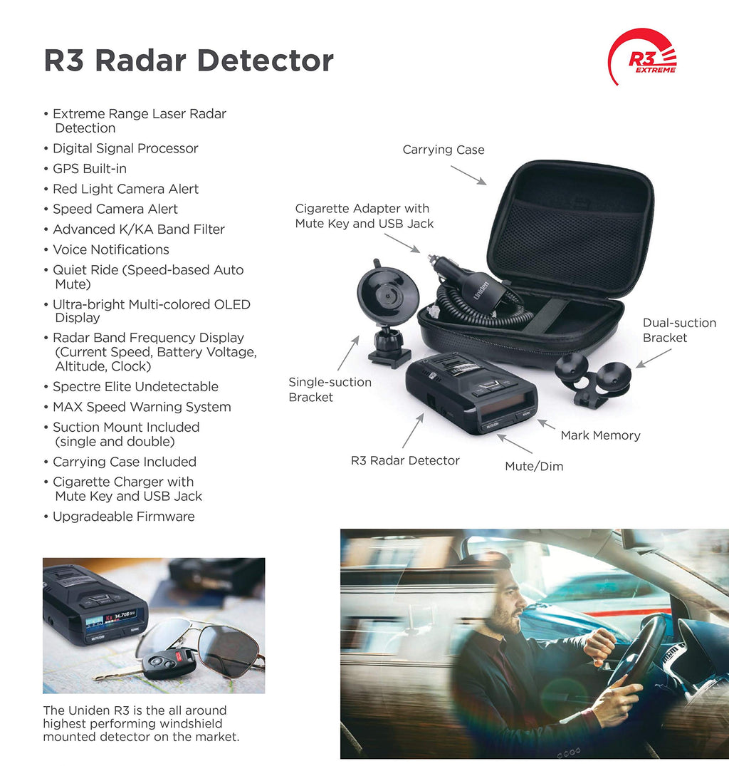 Uniden R3 EXTREME LONG RANGE Laser/Radar Detector, Record Shattering Performance, Built-in GPS w/ Mute Memory, Voice Alerts, Red Light & Speed Camera Alerts, Multi-Color OLED Display , Black