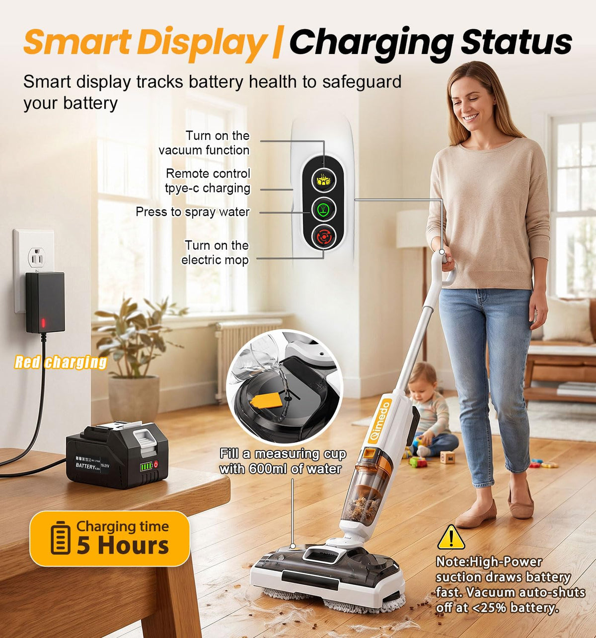 800RPM Electric Mop X1, 8000Mah Cordless Vacuum Mop Combo, Floor Machine