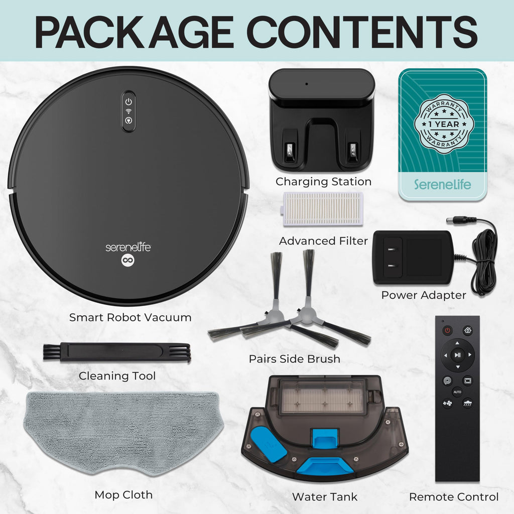 SereneLife Automatic Robot Vacuum Cleaner and Mop Combo, Pro Edition with Upgraded Battery, Extreme Suction, Internal Water Tank - Smart App Control, Ideal for Pet Hair, Carpet and Hard Floors, Black
