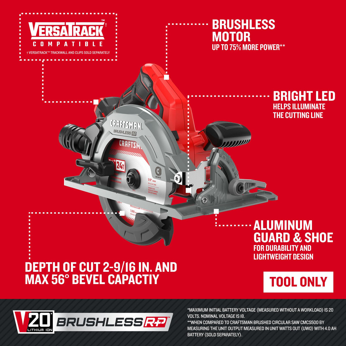 CRAFTSMAN V20 RP Cordless Circular Saw, 7-1/4 inch, Tool Only (CMCS551B)
