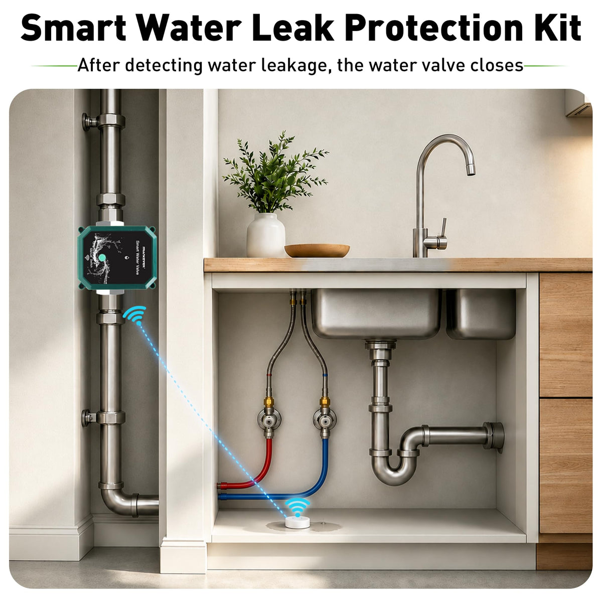 Smart Water Leak Protection Kit: Smart Water Valve + 3 Smart Leak Detector