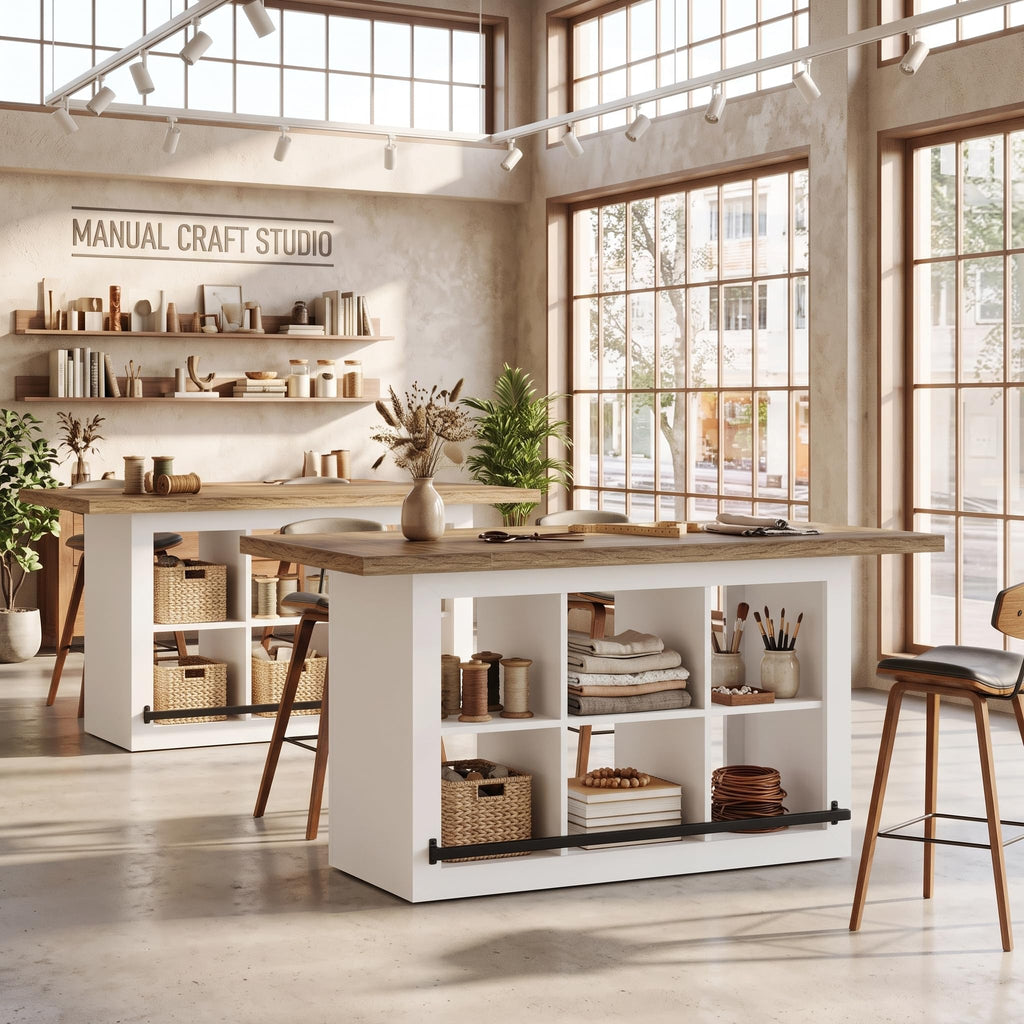 Tribesigns Craft Table with Storage, Counter Height Sewing Table, Art Desk Supply Storage for Craft Room, White&Brown