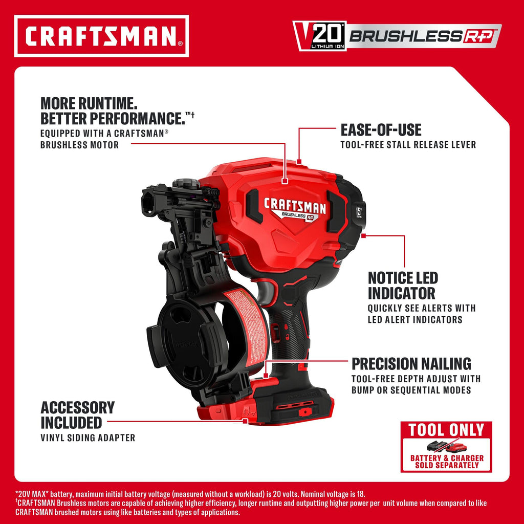 CRAFTSMAN V20 BRUSHLESS RP Cordless Roofing Nail Gun 15 Degrees (CMCN140B)