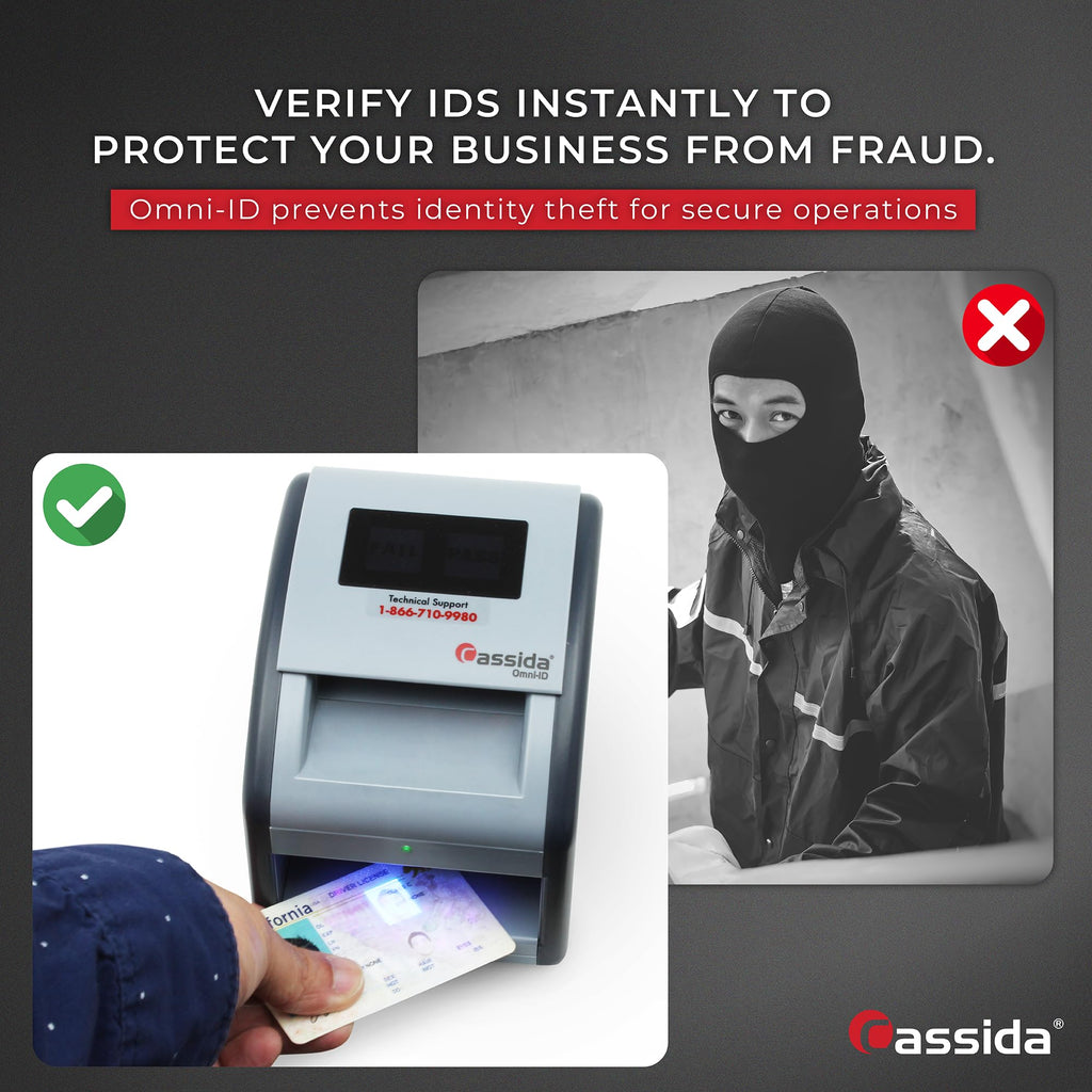 Cassida Omni-ID 2-in-1 Currency Counterfeit Detector with UV Identification Verification Lights – Bill Checker with Infrared, Magnetic and Ultraviolet Sensors - Pass/Fail Display (Pass/Fail + UV)