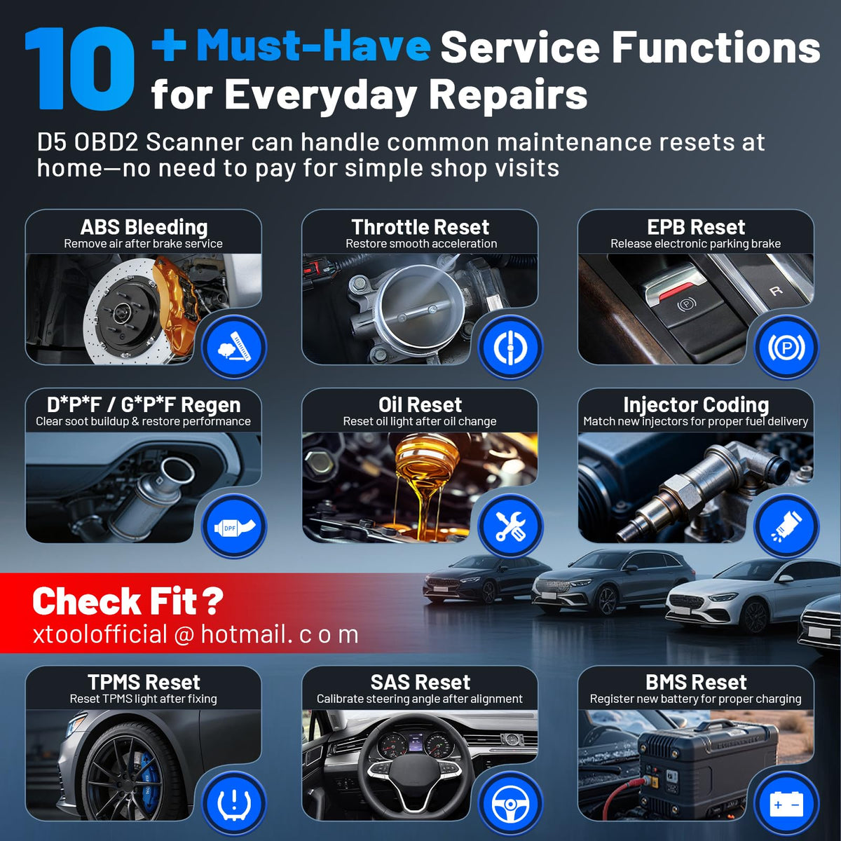 XTOOL Car Scanner D5 OBD2 Scanner ABS SRS Check Engine Code Reader 10 Reset