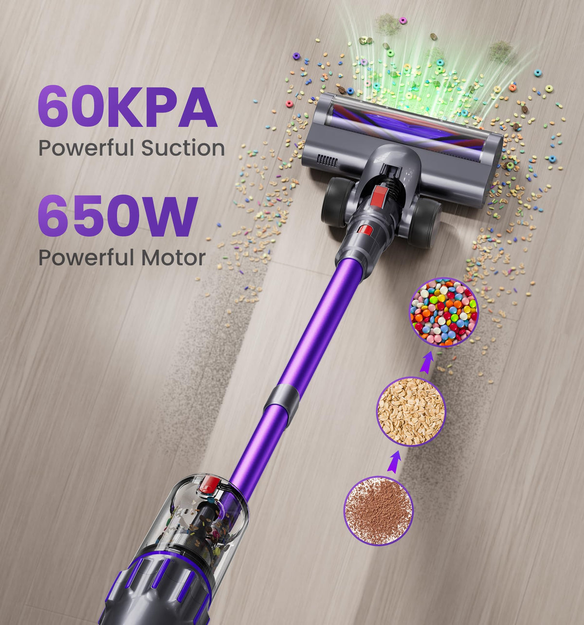 90Mins Cordless Vacuum Cleaner,Upgraded 650W 60KPA Cordless Stick Vacuum with Smart Display,1.8L Cup,V-Shaped Anti-Tangle Brush,Wall Mount Charging,Self-Standing Vacuum Cleaners for Home,Floor,Carpet