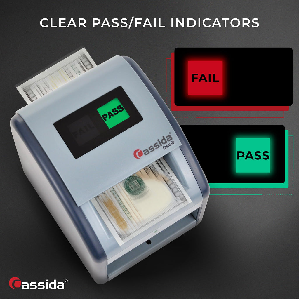 Cassida Omni-ID 2-in-1 Currency Counterfeit Detector with UV Identification Verification Lights – Bill Checker with Infrared, Magnetic and Ultraviolet Sensors - Pass/Fail Display (Pass/Fail + UV)