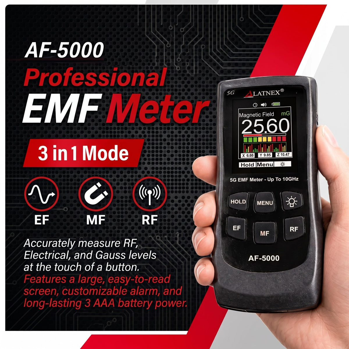 AF-5000 5G EMF Meter RF Detector Tester and Reader with Calibration Certificate - Tests and Measures RF and Microwaves, 3-Axis Gauss or Tesla Magnetic Fields and Electrical ELF Fields