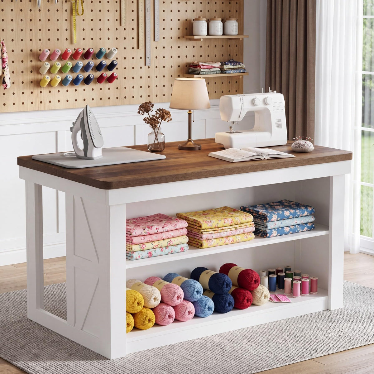 Craft Table with 2-Tier Storage, Counter Height Sewing Cutting Table