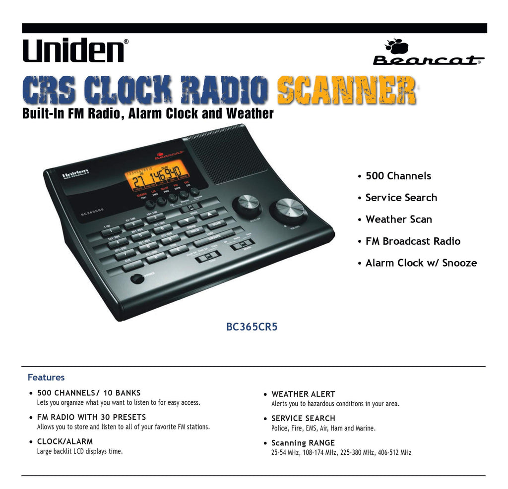 Uniden BC365CRS 500 Channel Scanner and Alarm Clock, Snooze, FM Radio, Weather Alerts, Search Bands used for Aviation, Railroad, Marine, Non-Digital Police/Fire/Public Safety transmissions and more