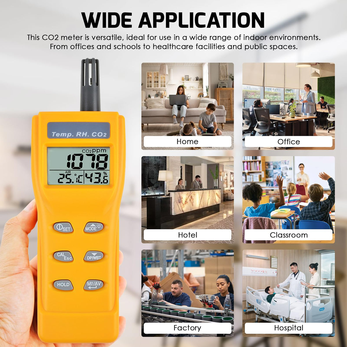 CO2 Meter Portable CO2 Detector Digital CO2 Monitor with Alarm Function Carbon Dioxide Temperature and Humidity Meter, NDIR CO2 Sensor Indoor Air Quality Monitor for Home Office Grow Room