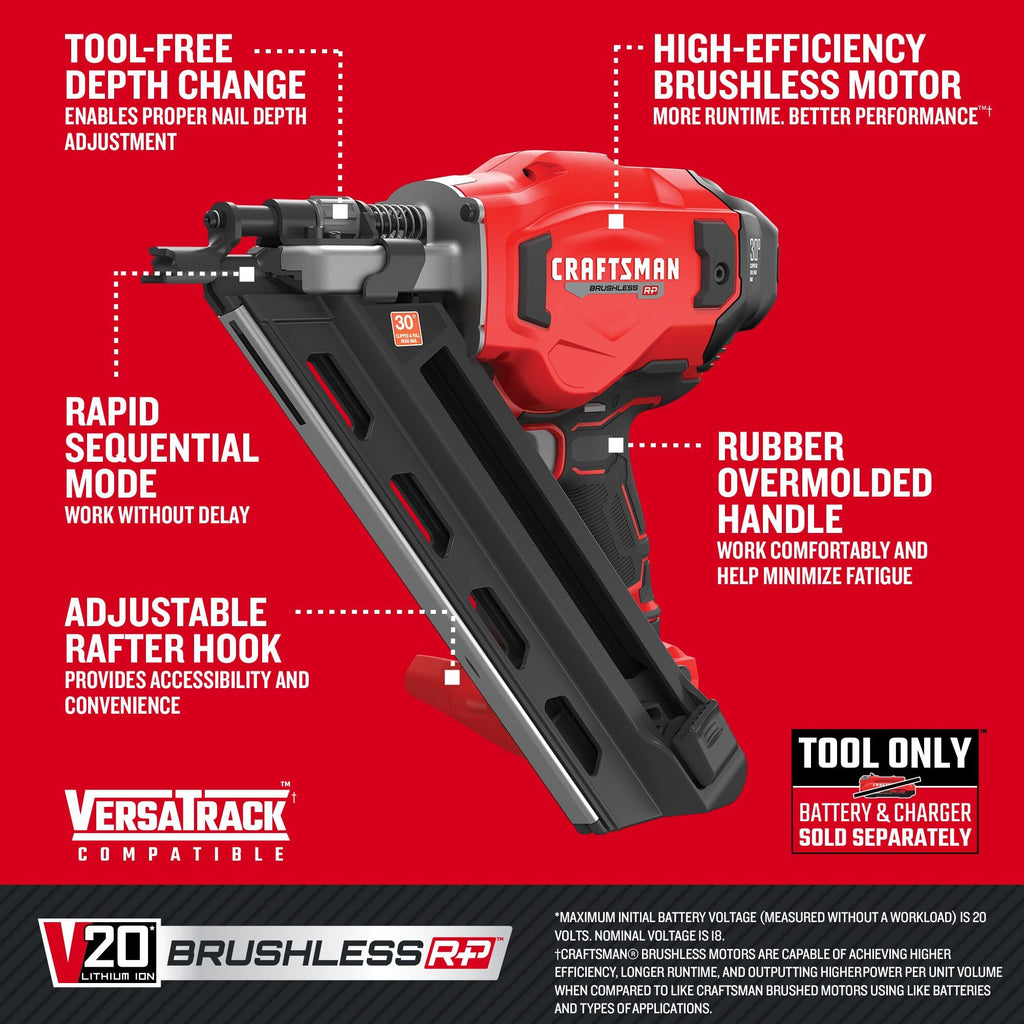 CRAFTSMAN V20 Brushless Cordless 30° Framing Nailer (Tool Only) (CMCN630PTB)