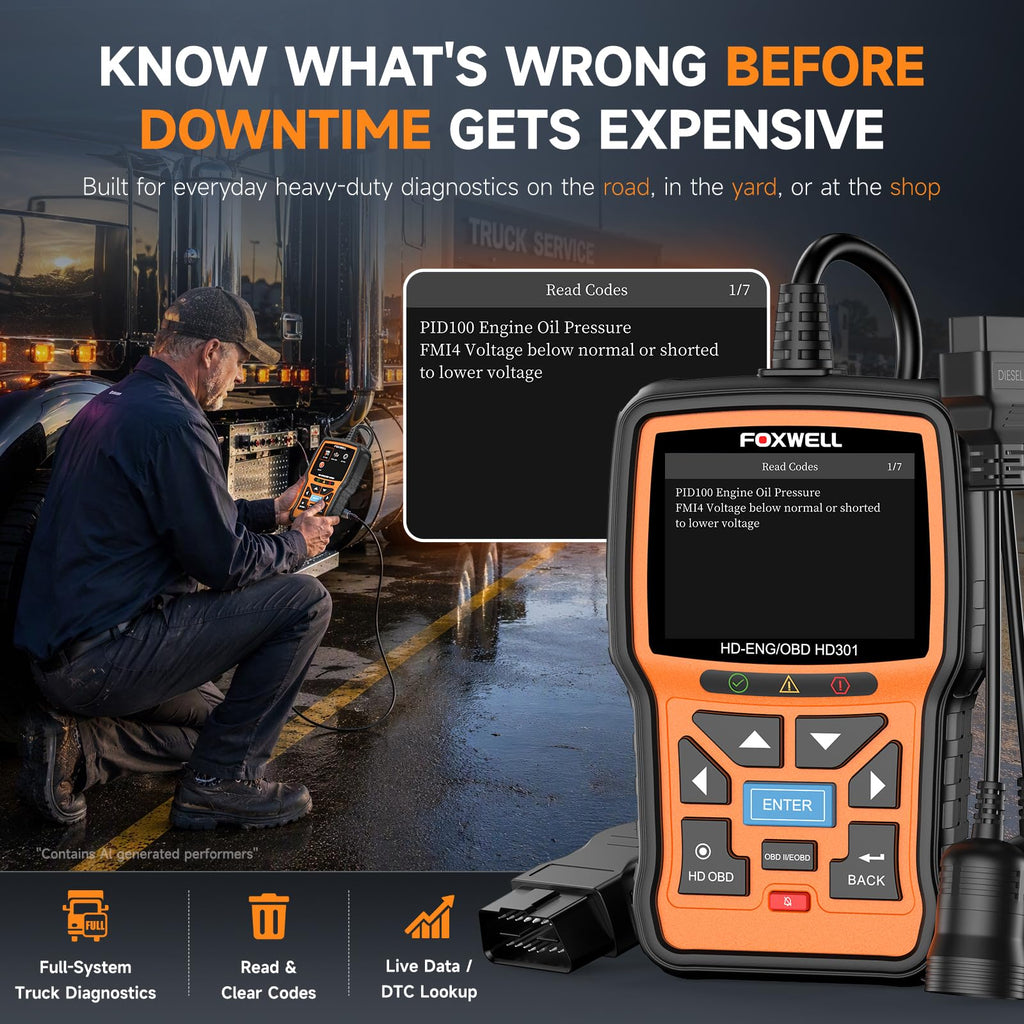 FOXWELL HD301 Heavy Duty Truck Scanner, Full System Diesel Scan Tool with 6/9/16 Pin, 2 in 1 Code Reader for Trucks & Car Engine, Diesel Diagnostic Tool for Cummins, Paccar, Caterpillar