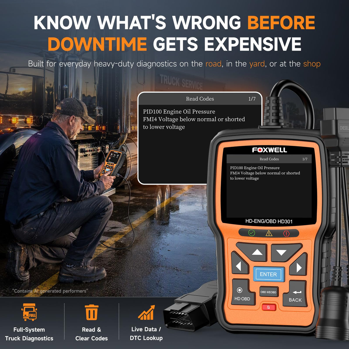 FOXWELL HD301 Heavy Duty Truck Scanner, Full System Diesel Scan Tool with 6/9/16 Pin, 2 in 1 Code Reader for Trucks & Car Engine, Diesel Diagnostic Tool for Cummins, Paccar, Caterpillar