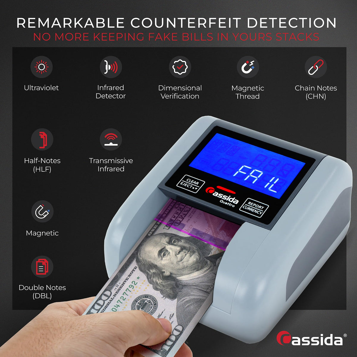 Cassida Quattro Fast Automatic Currency Counterfeit Detector with Advanced Sensors (UV,MG,IR,MT,Thickness,Size) - All-Orientation Feeding - Rechargeable Battery - 3.5" Value (Pass/Fail + UV/MG)