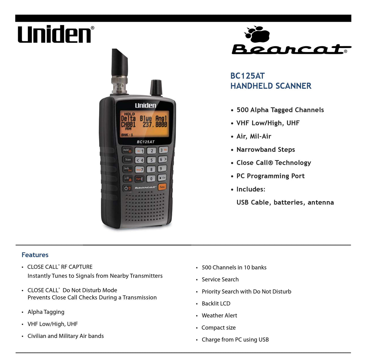 Uniden Bearcat BC125AT Feature-Rich Analog Handheld Scanner, 500 Channels