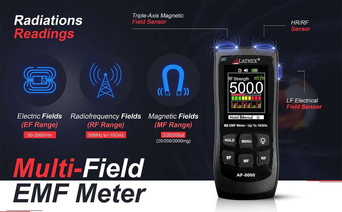 AF-5000 5G EMF Meter RF Detector Tester and Reader with Calibration Certificate - Tests and Measures RF and Microwaves, 3-Axis Gauss or Tesla Magnetic Fields and Electrical ELF Fields