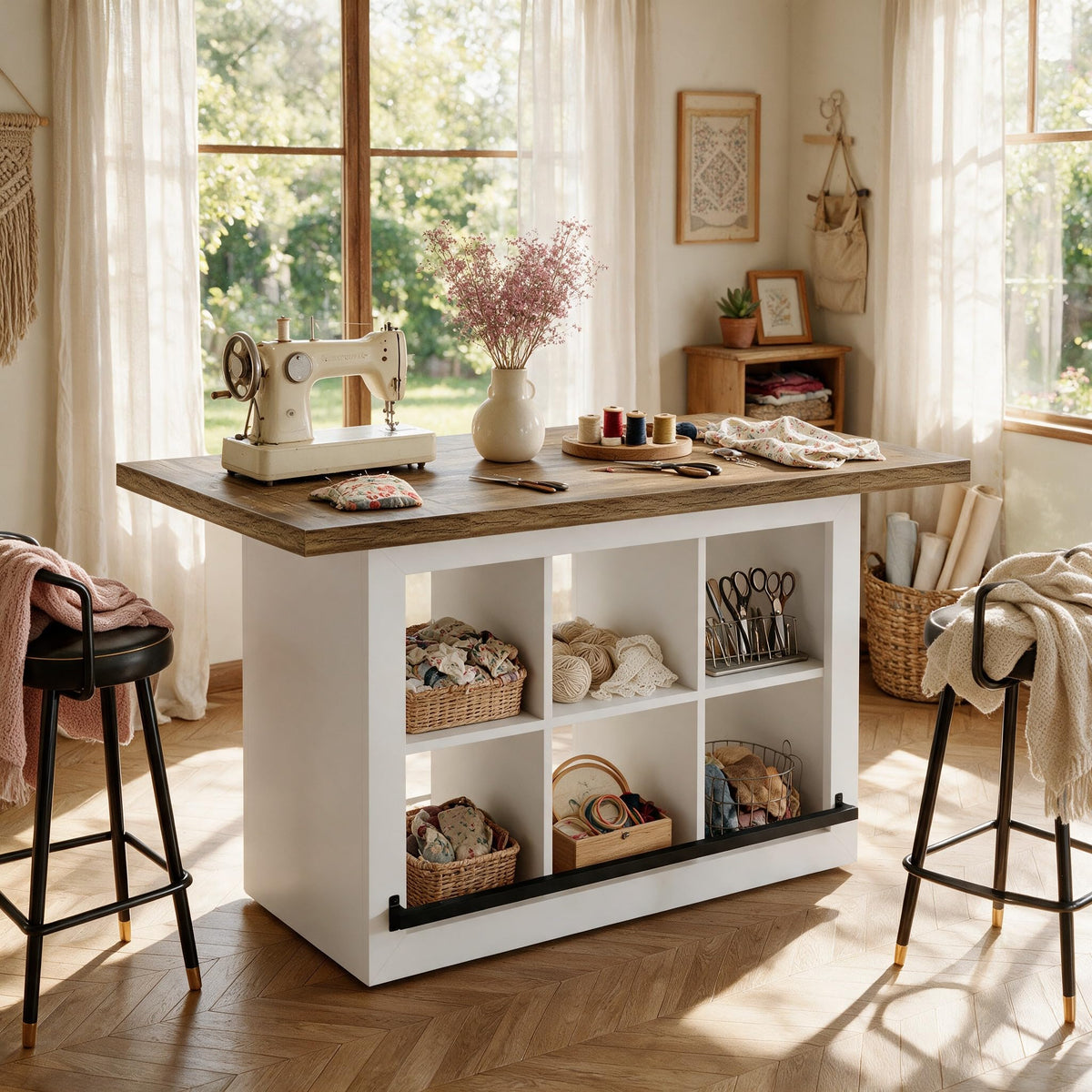 Tribesigns Craft Table with Storage, Counter Height Sewing Table, Art Desk Supply Storage for Craft Room, White&Brown