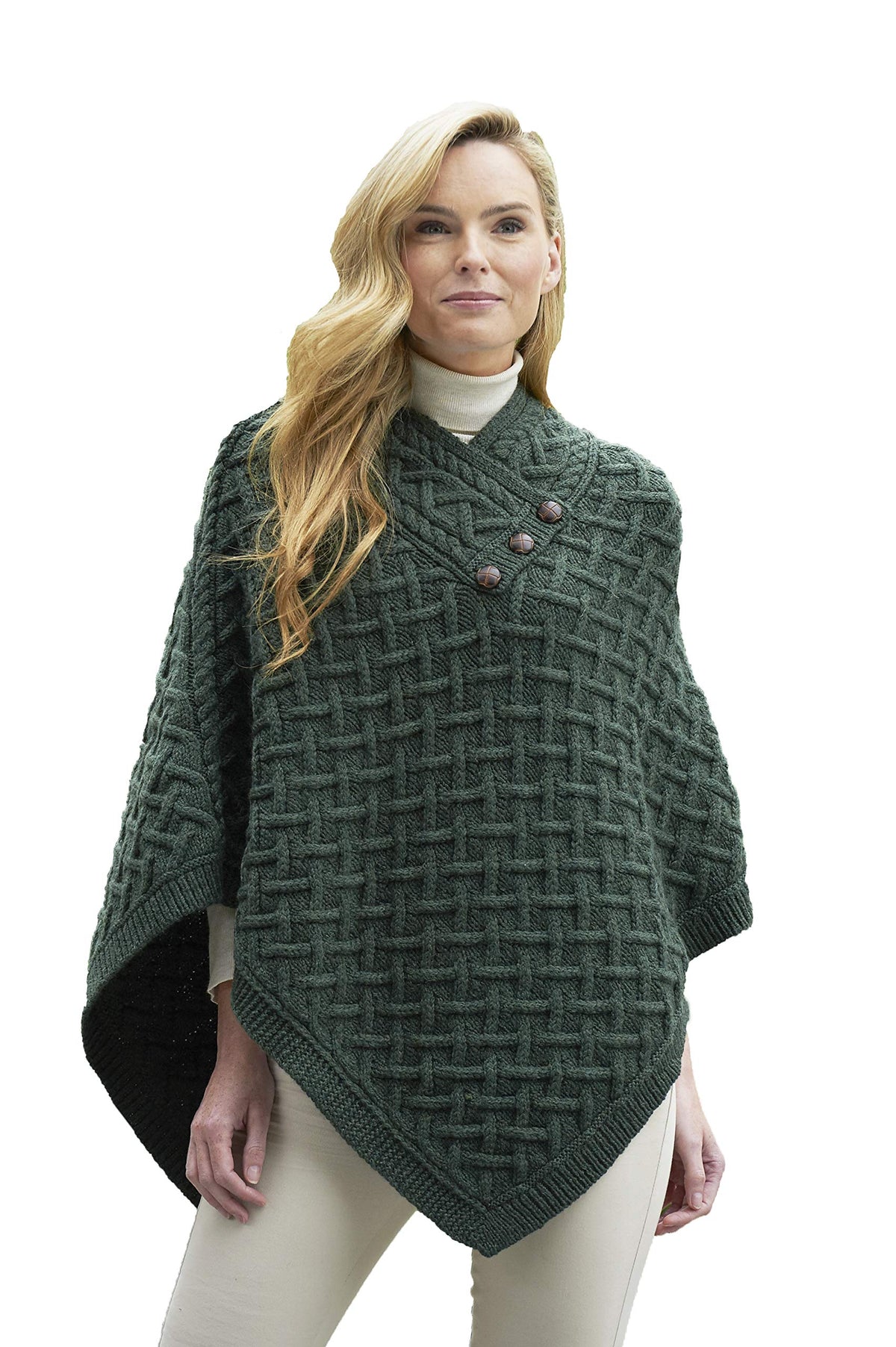 Aran Crafts Women's Cable Knit Nua Button Poncho (100% Super Soft Merino Wool)