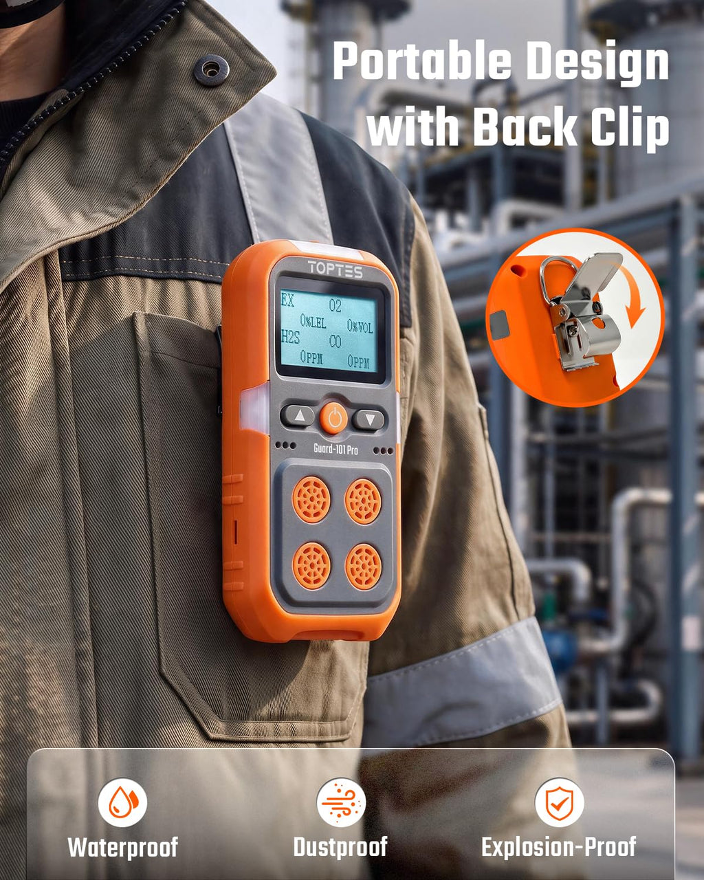 TopTes Guard-101Pro 4 Gas Monitor, Gas Detector for H2S, CO, LEL and O2, Upgraded 5-Year O2 Sensor, Vibration, Visual and Audible Alarms, 14-Hour Battery Life, Explosion-Proof, for Work and Home