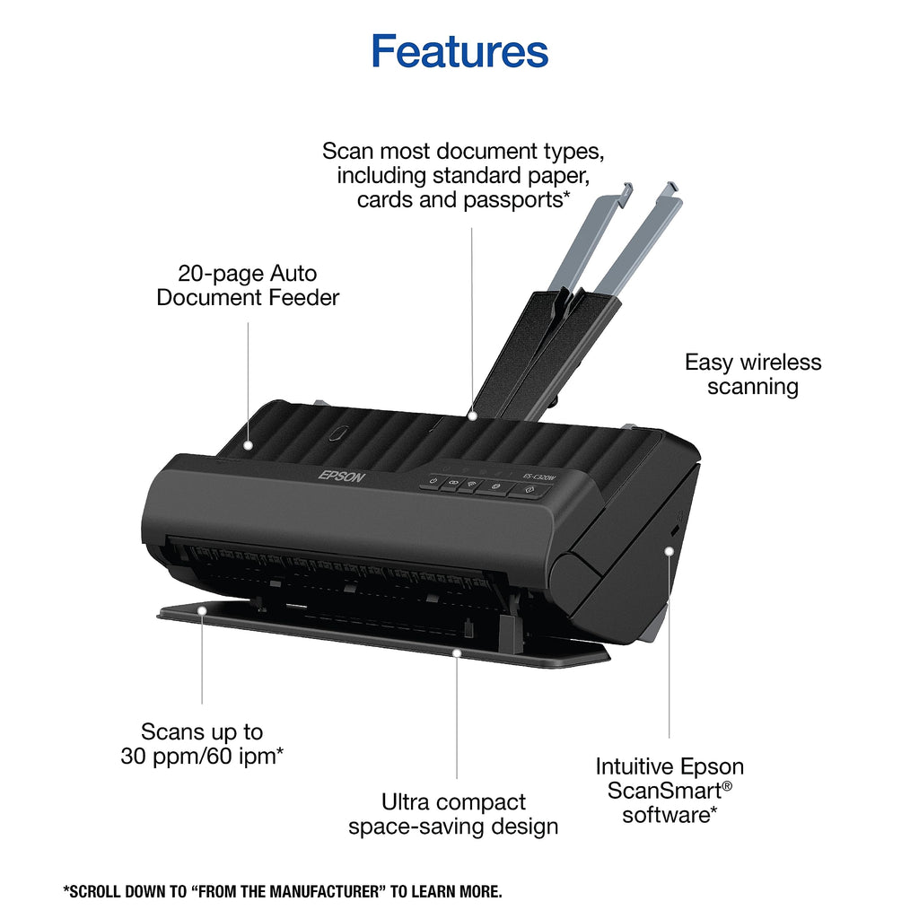 Epson Workforce ES-C320W Wireless Compact Document Scanner Duplex 20-pg ADF