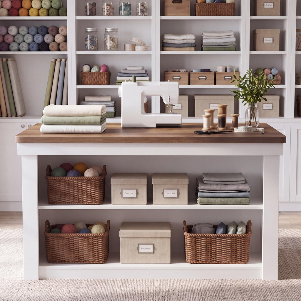 Craft Table with 2-Tier Storage, Counter Height Sewing Cutting Table