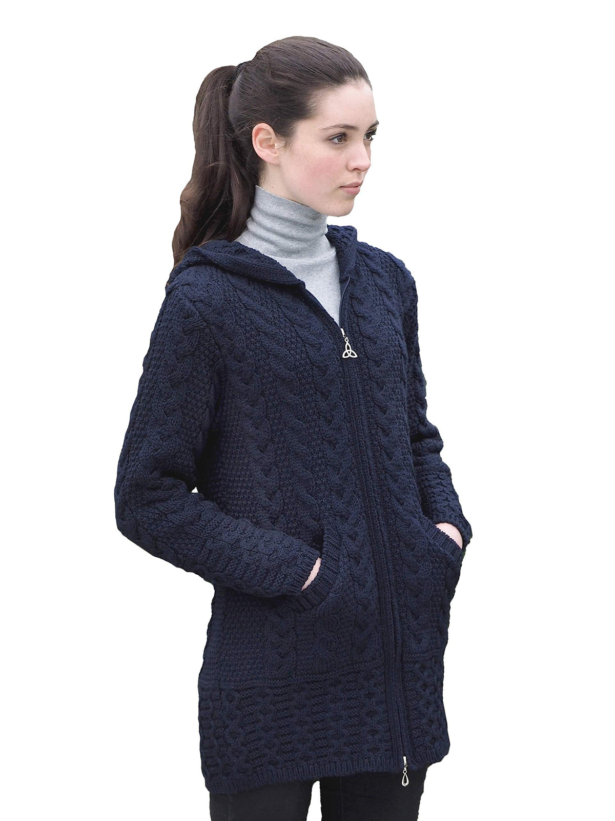Aran Crafts Irish Women's Cable Knit Hooded Wool Coat (HD4025)