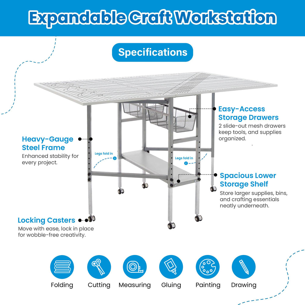 Sew Ready Foldable Hobby and Cutting Grid Table, White, 58.75 x 36.5 Inch