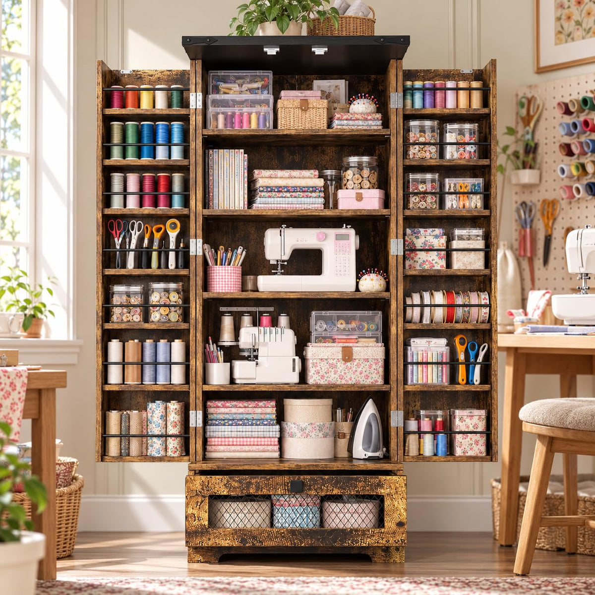 55" Tall Sewing Cabinet with Storage, Craft Storage Cabinet with Adjustable Shelves, Double Doors with Storage Shelves and Large Drawer, Farmhouse Storage Organizer for Sewing Supplies, White