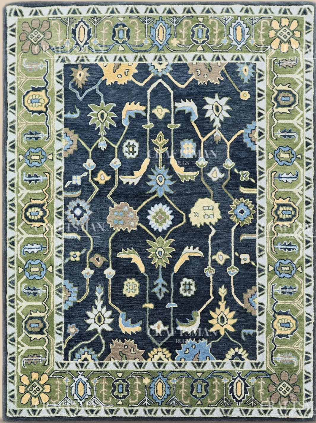 Handmade Premium Wool Rug with Traditional Motifs, Durable & Versatile, Easy to Reposition – Green Border 6x8 Feet, LE-141