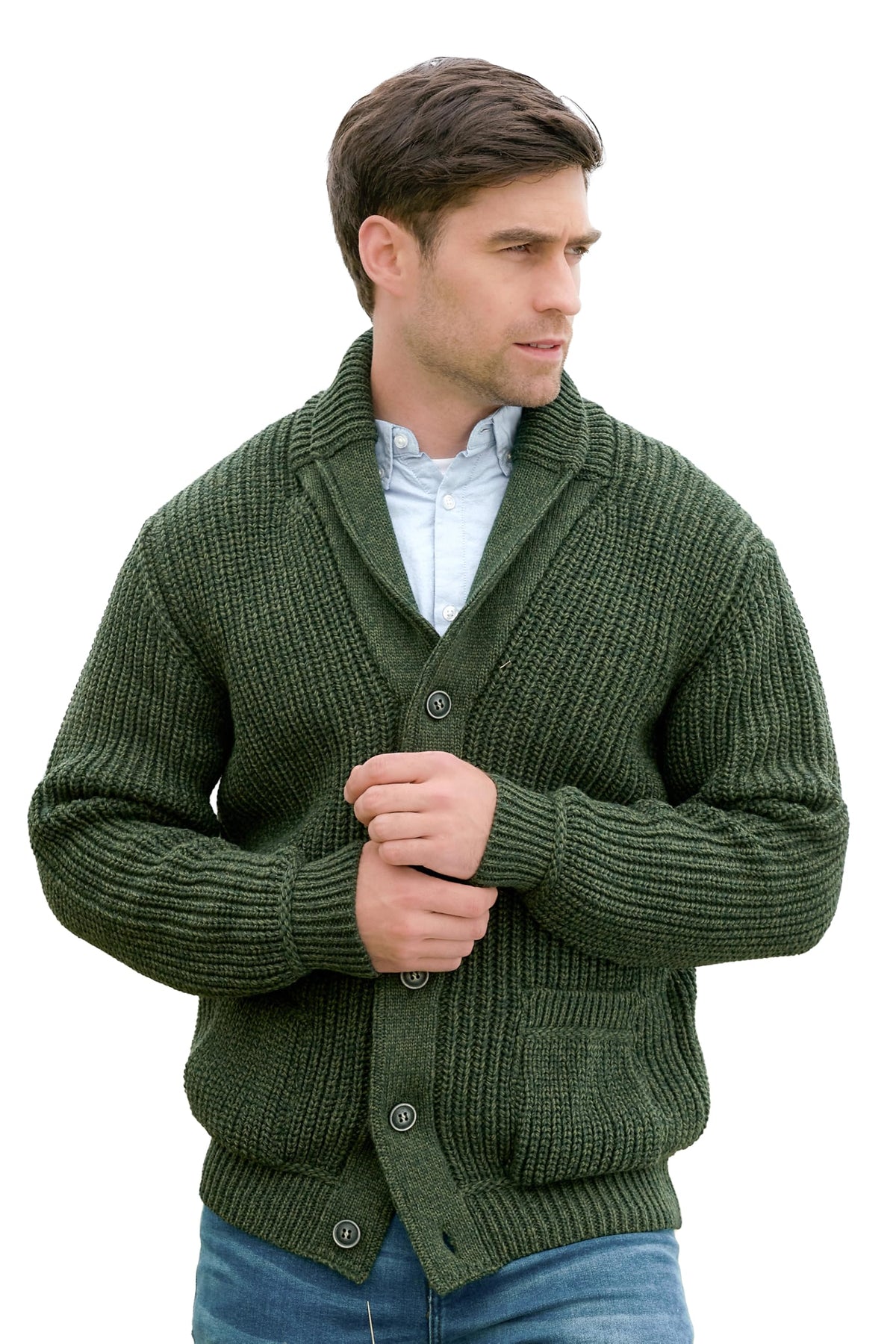 Aran Crafts Men's Irish Cable Knitted Ribbed Shawl Cardigan (100% Merino Wool)