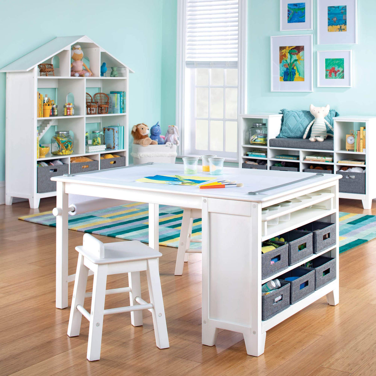 Martha Stewart Kids' Art Table and Stools Set - Gray: Wooden Kids' Activity Table and Chairs Set w/Storage, Bins Paper Roll for Coloring & Craft Activities | Study & Play Desk for Playroom Furniture