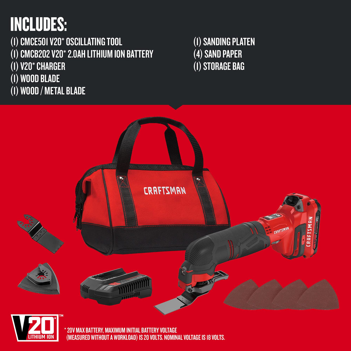 CRAFTSMAN V20 Cordless Oscillating Tool Kit Battery and Charger (CMCE501D1)