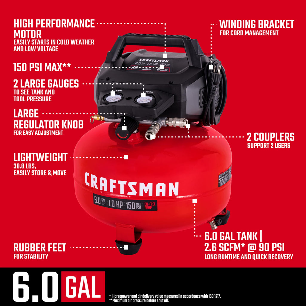 Craftsman 6Gal Pancake Air Compressor 4-Tool Combo Kit, Oil-Free, 150 PSI